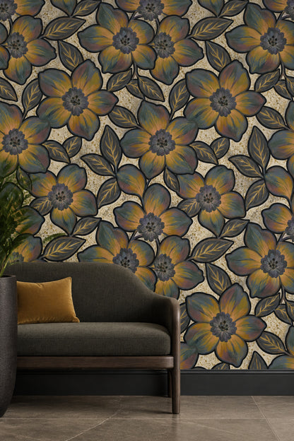 Bold Stylized Floral Wallpaper With Gold Speckled Cream Background