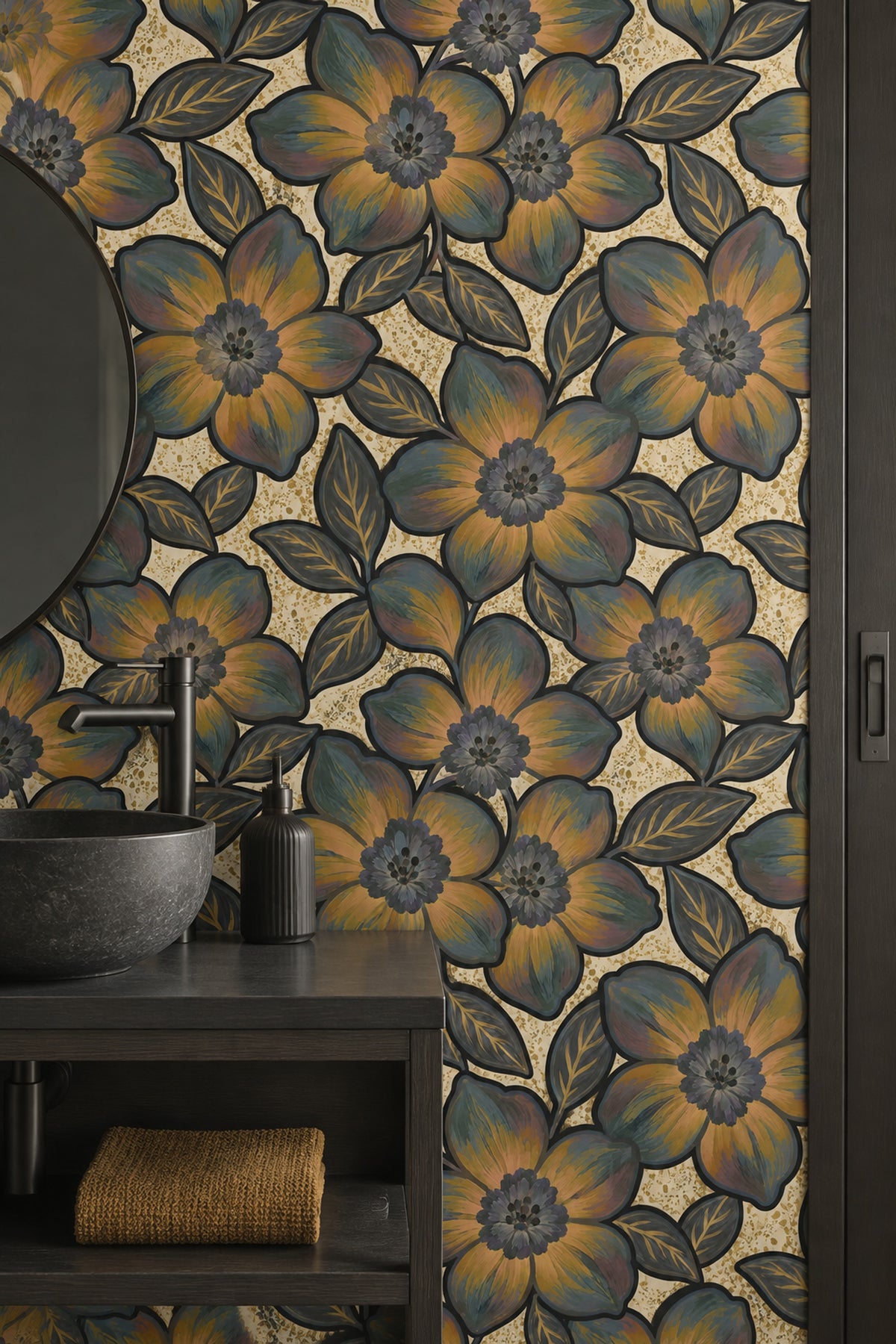 Bold Stylized Floral Wallpaper With Gold Speckled Cream Background