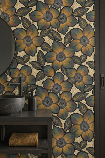 Bold Stylized Floral Wallpaper With Gold Speckled Cream Background