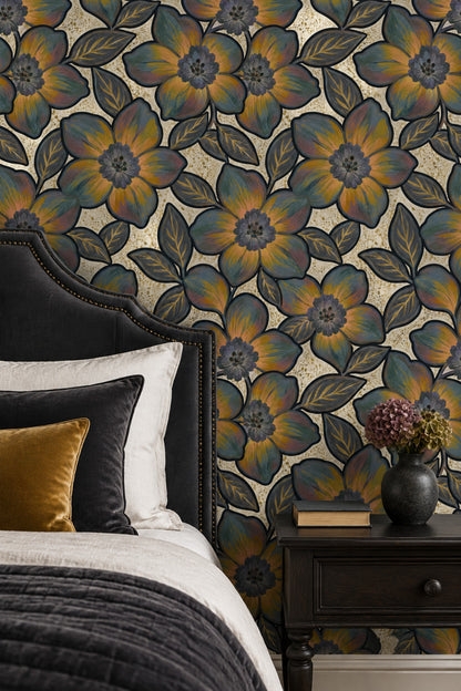 Bold Stylized Floral Wallpaper With Gold Speckled Cream Background