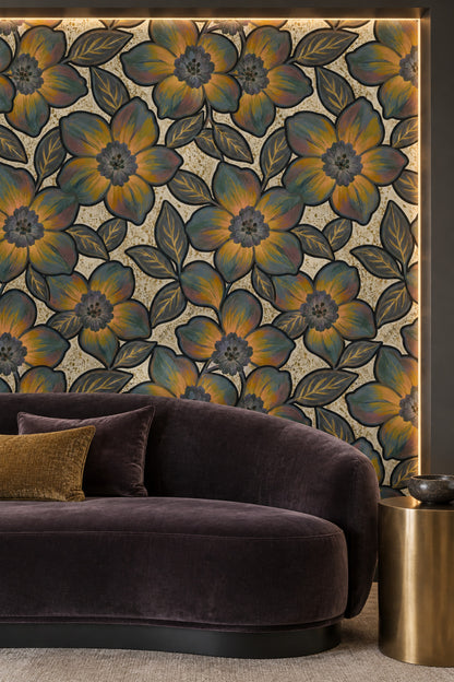 Bold Stylized Floral Wallpaper With Gold Speckled Cream Background