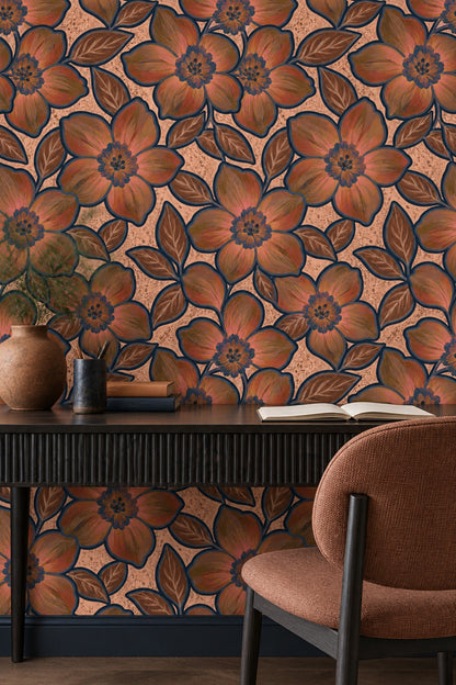 Oversized Floral Wallpaper In Earthy Tones With Navy Outlines