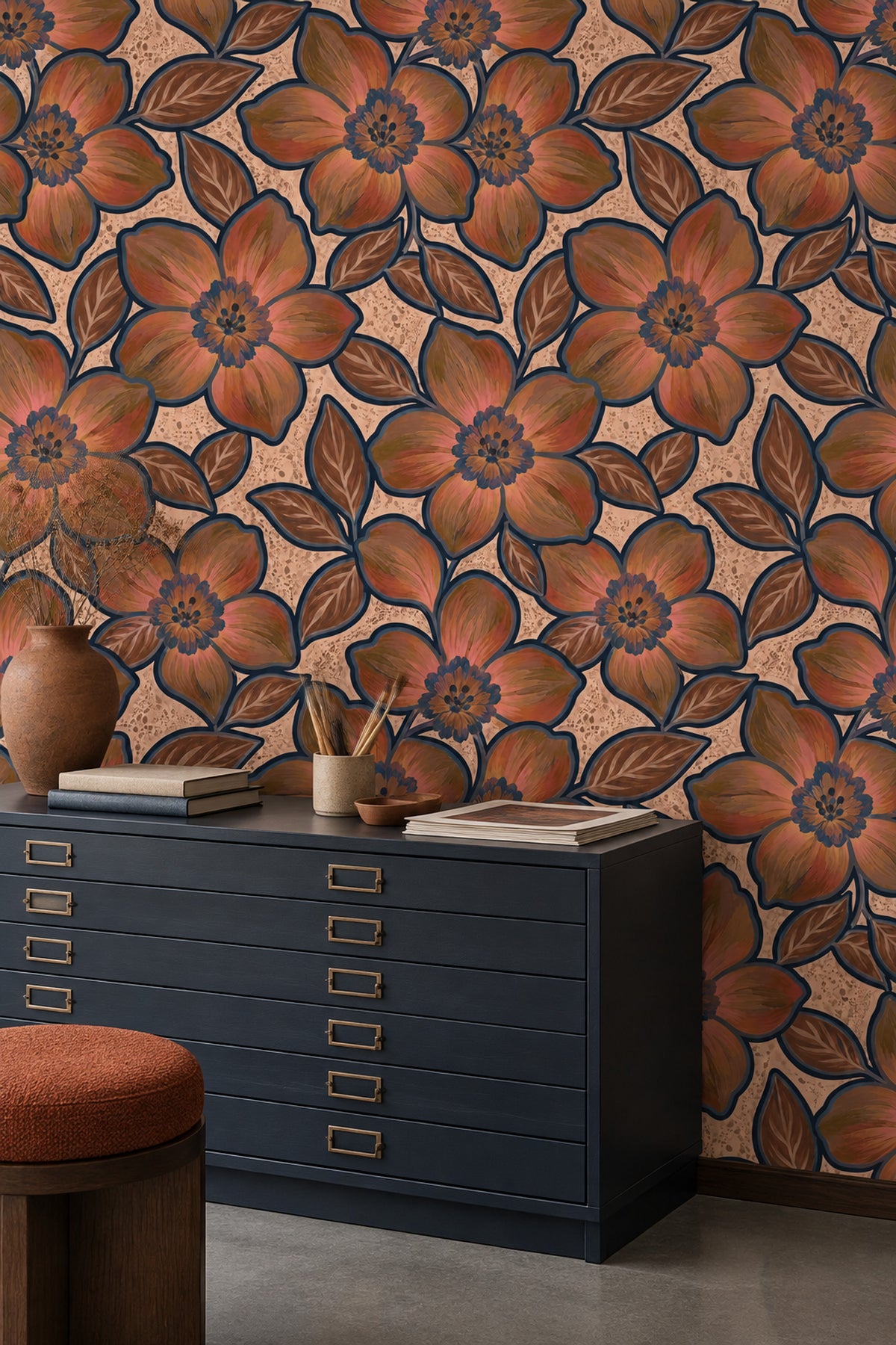 Oversized Floral Wallpaper In Earthy Tones With Navy Outlines