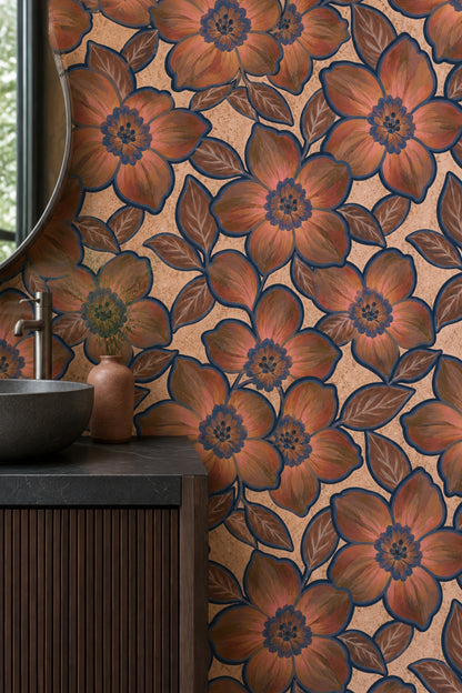 Oversized Floral Wallpaper In Earthy Tones With Navy Outlines