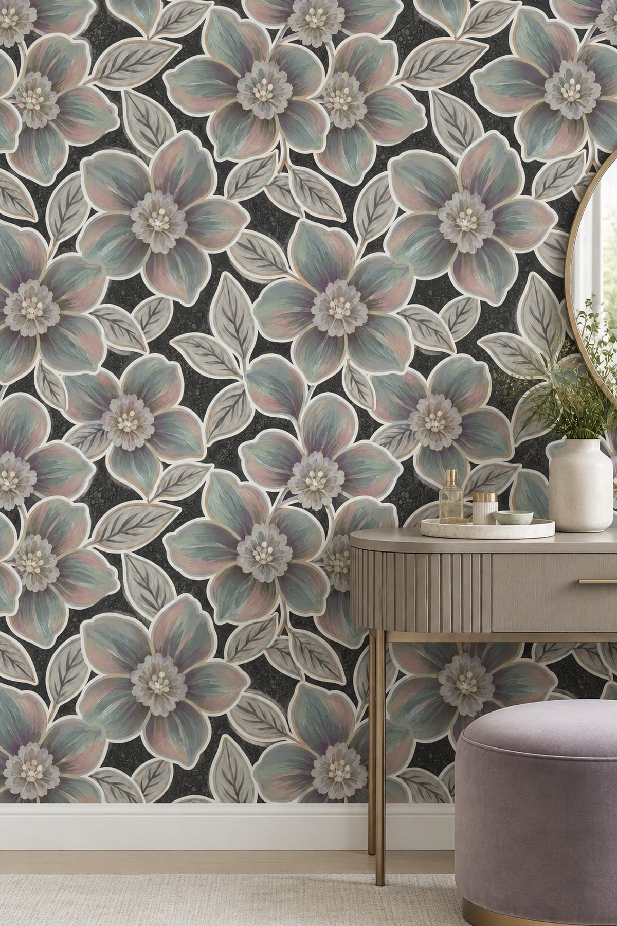 Large Pastel Flowers Wallpaper Dark Floral Charcoal Background