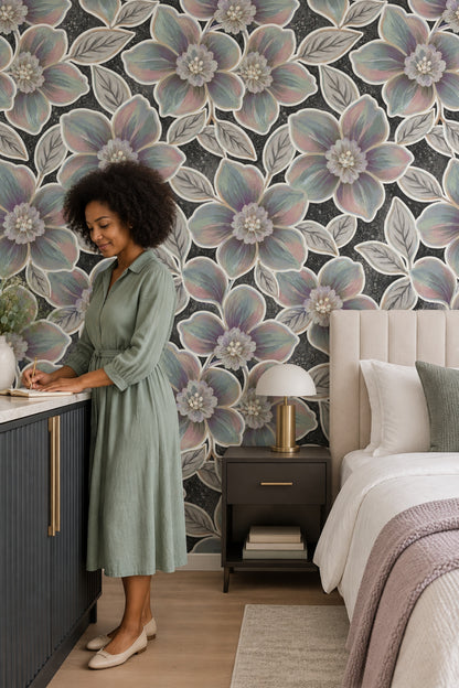 Large Pastel Flowers Wallpaper Dark Floral Charcoal Background