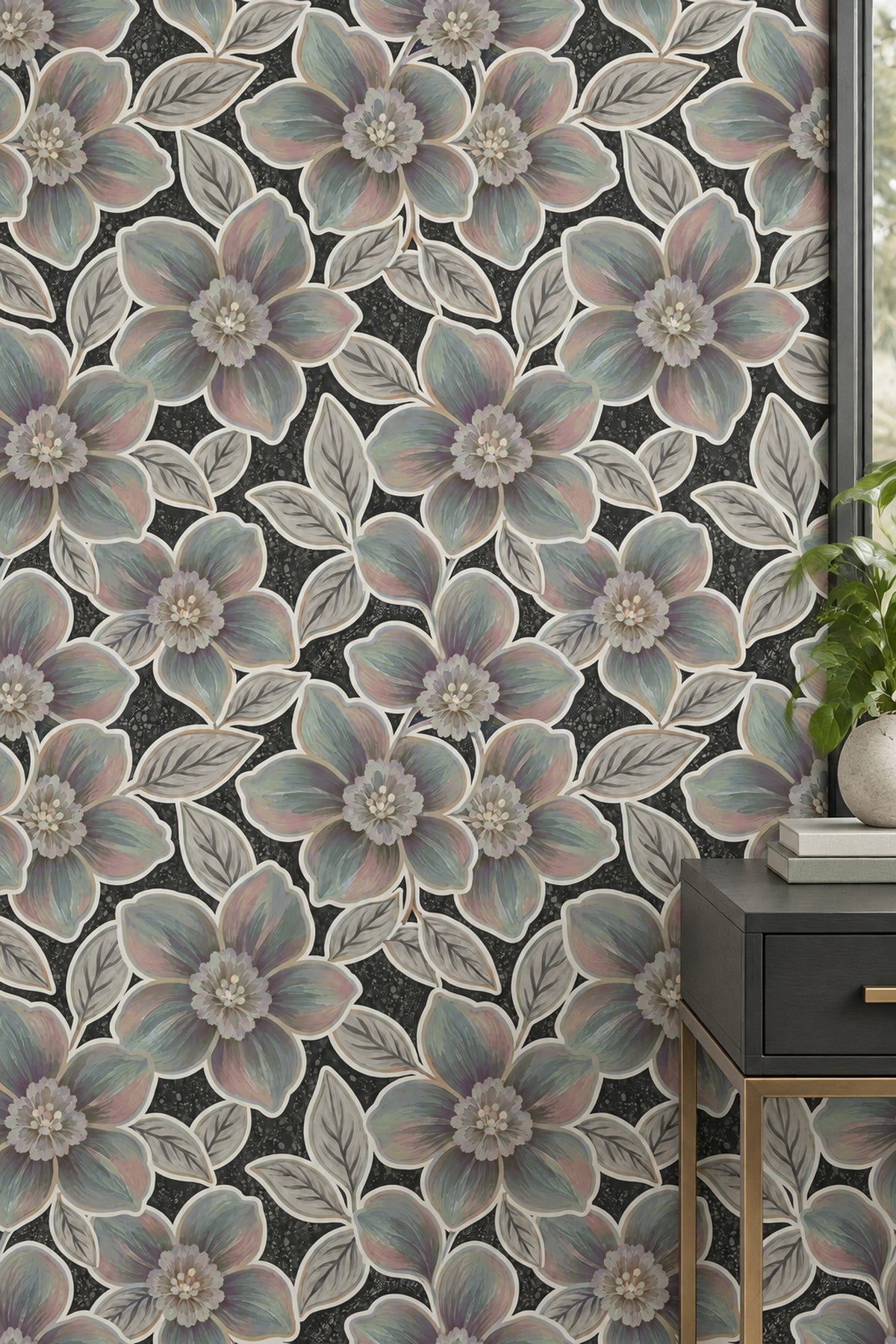 Large Pastel Flowers Wallpaper Dark Floral Charcoal Background