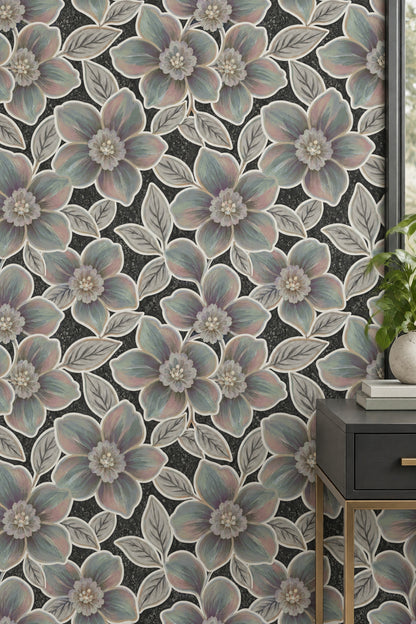 Large Pastel Flowers Wallpaper Dark Floral Charcoal Background