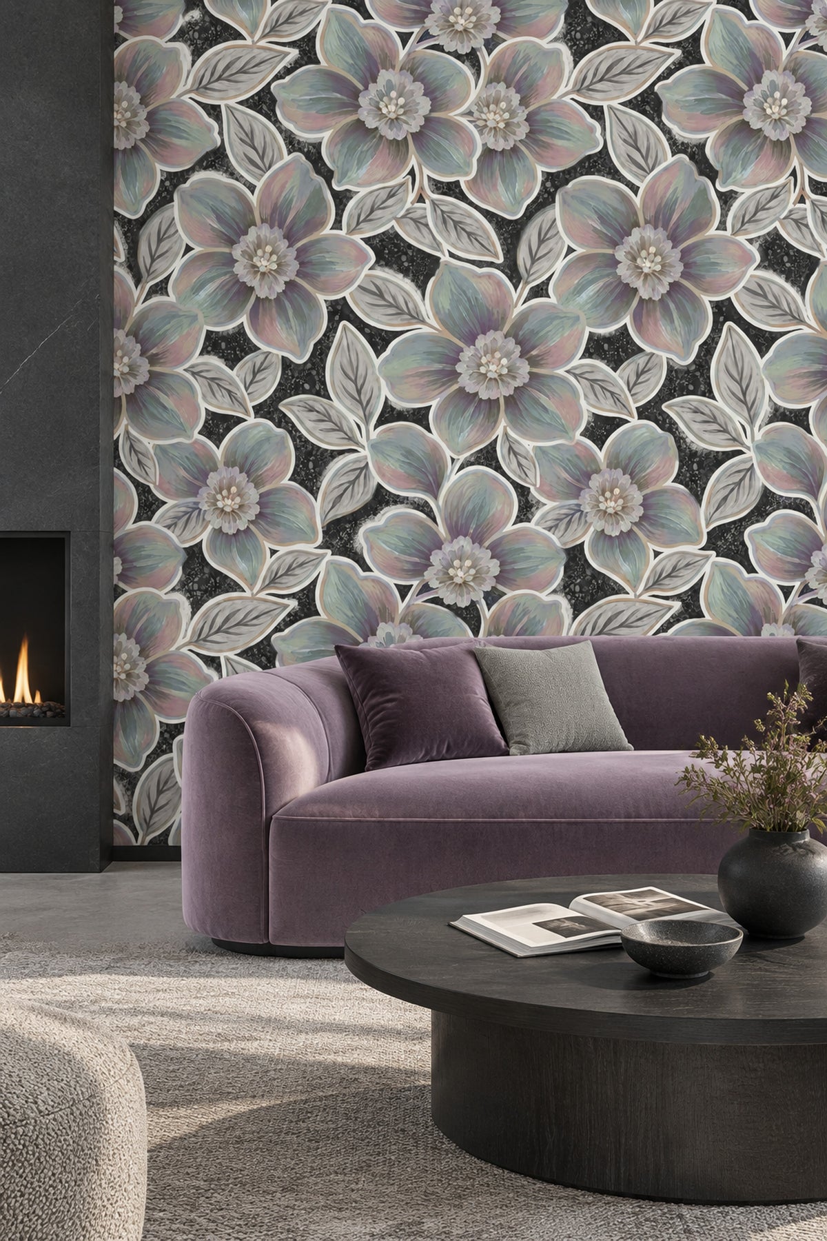 Large Pastel Flowers Wallpaper Dark Floral Charcoal Background