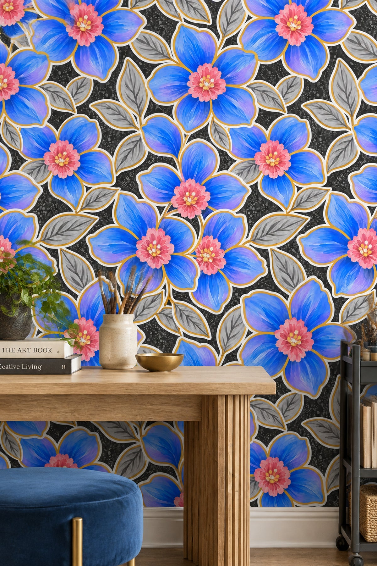 Blue Watercolor Flowers Wallpaper Dark Floral On Black