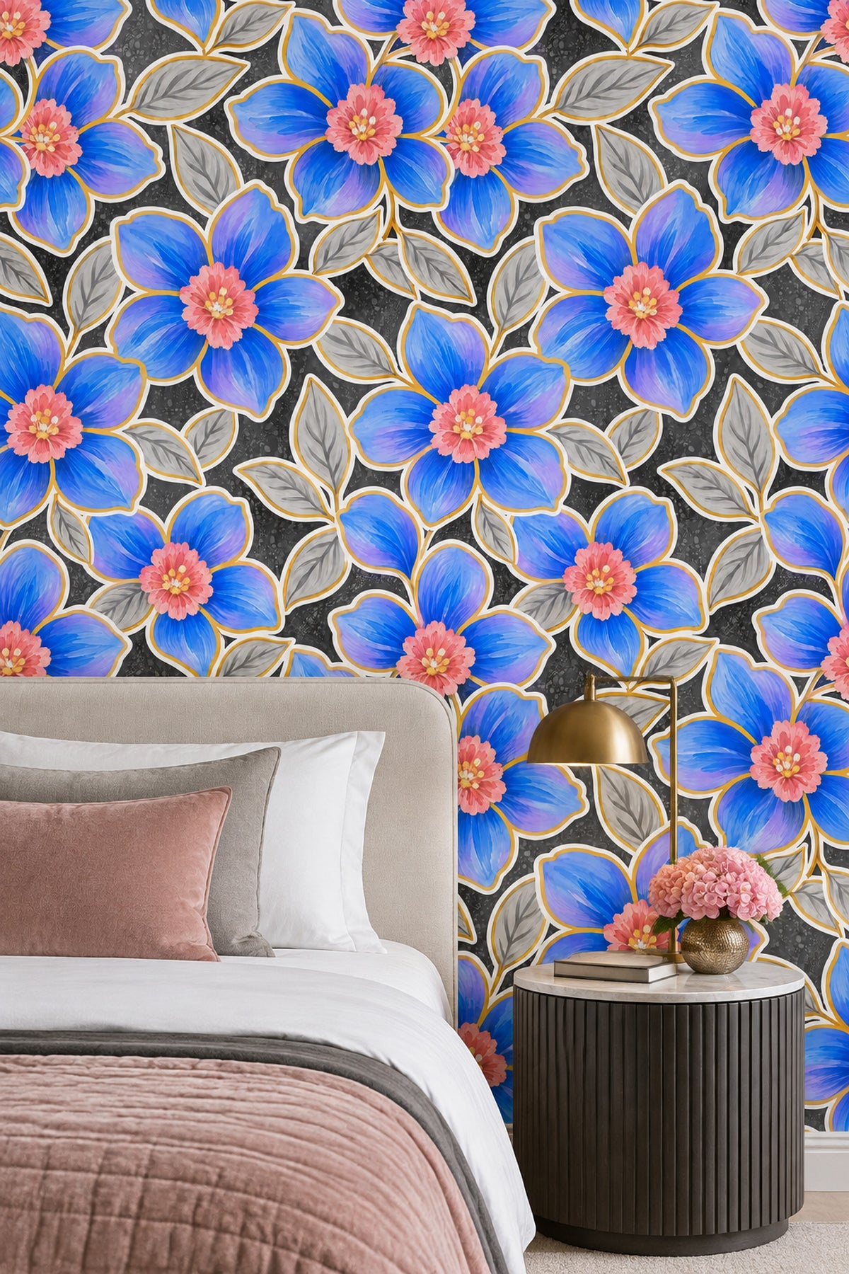 Blue Watercolor Flowers Wallpaper Dark Floral On Black