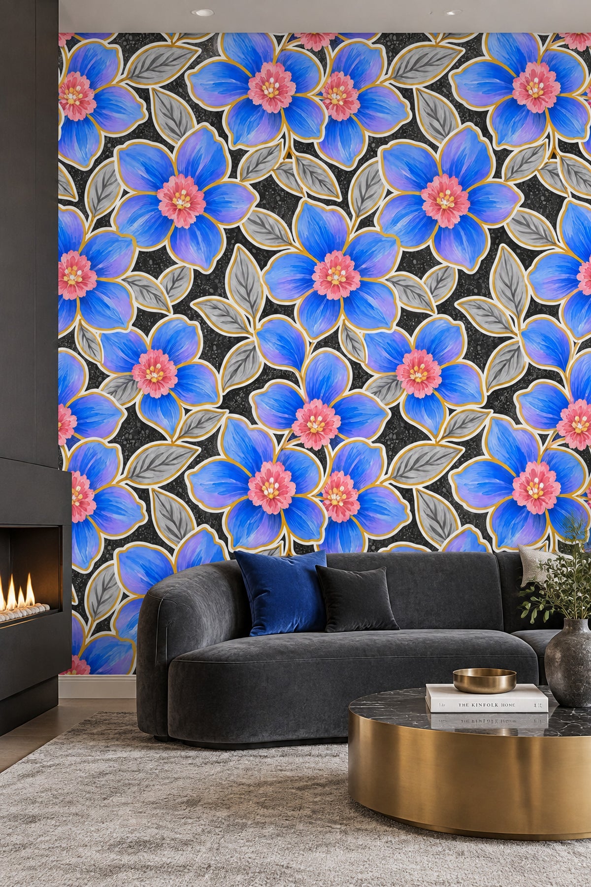 Blue Watercolor Flowers Wallpaper Dark Floral On Black