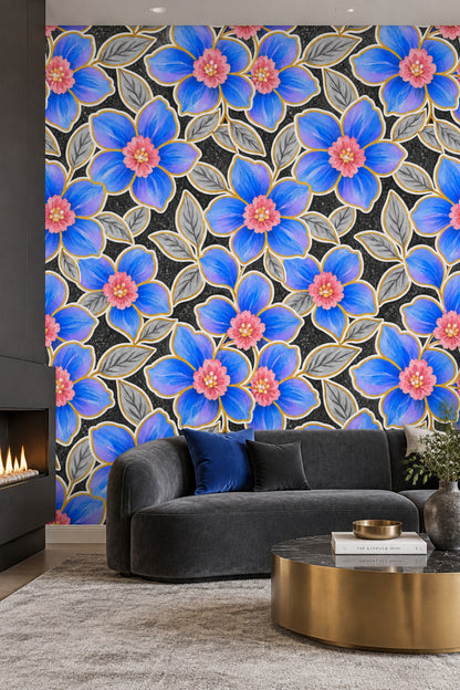 Blue Watercolor Flowers Wallpaper Dark Floral On Black