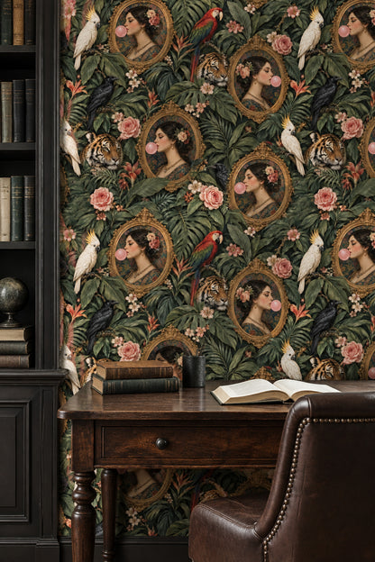 Bubblegum Portrait Jungle Wallpaper Maximalist Dark Green
