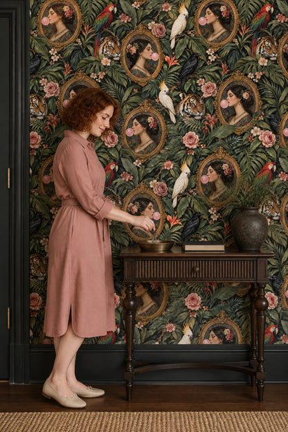 Bubblegum Portrait Jungle Wallpaper Maximalist Dark Green