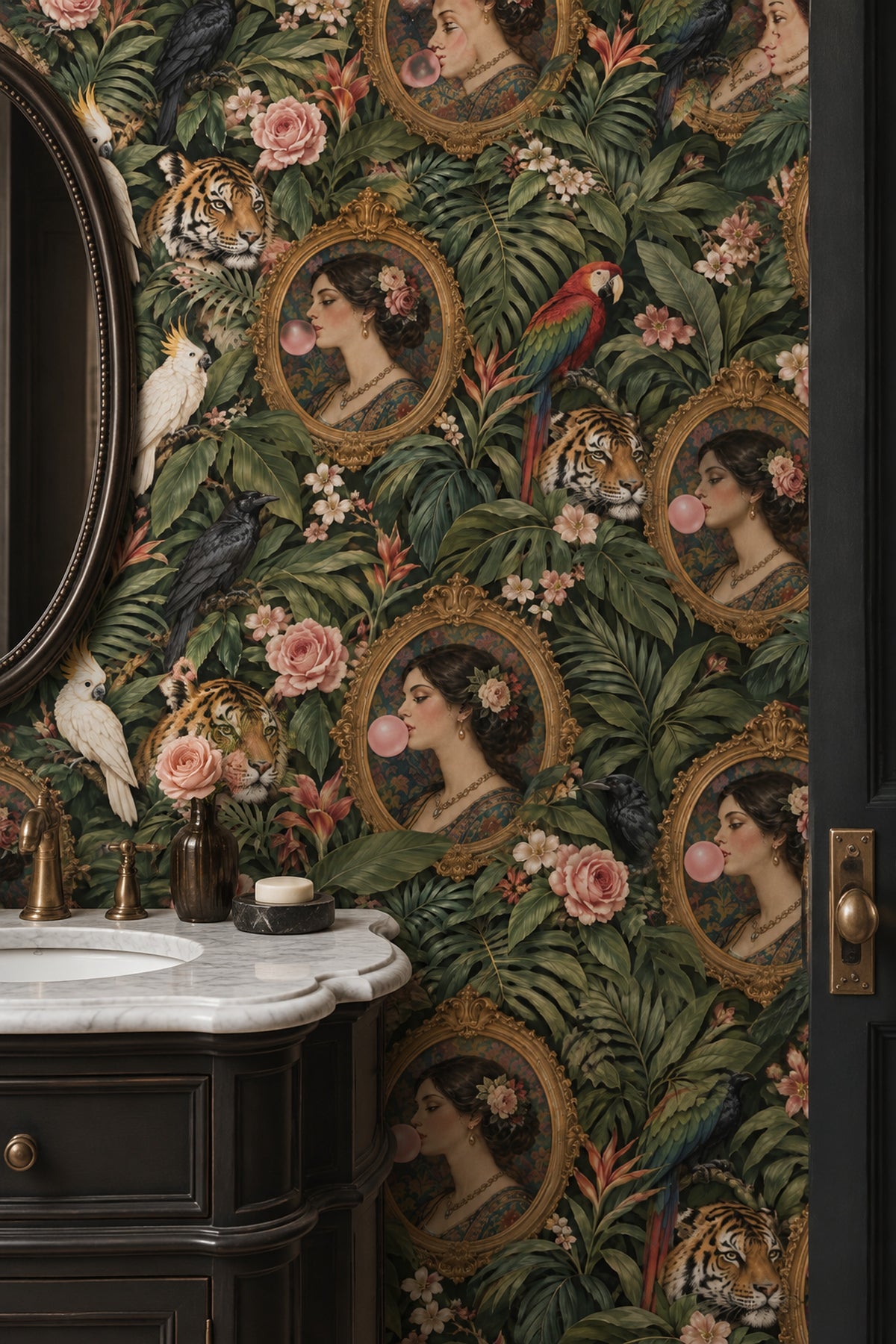 Bubblegum Portrait Jungle Wallpaper Maximalist Dark Green