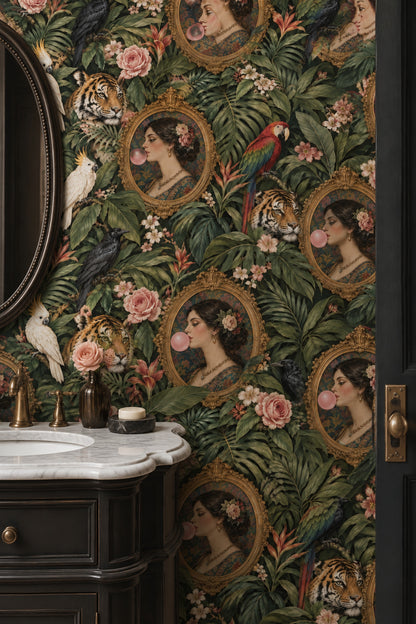 Bubblegum Portrait Jungle Wallpaper Maximalist Dark Green