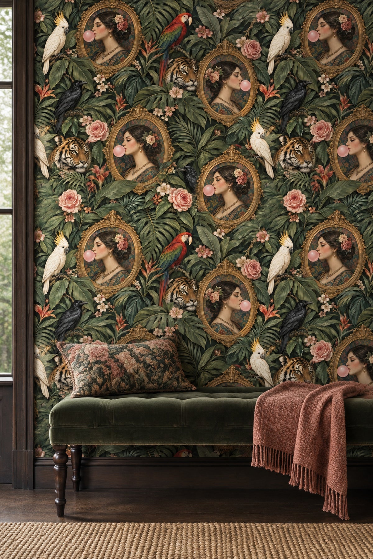 Bubblegum Portrait Jungle Wallpaper Maximalist Dark Green