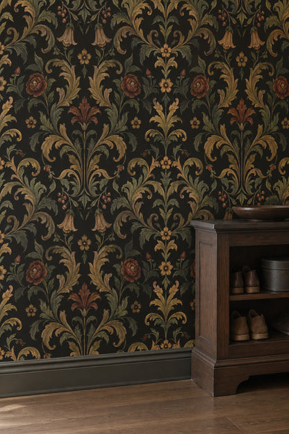 Acanthus Damask Wallpaper Dark Floral In Antique Gold And Olive