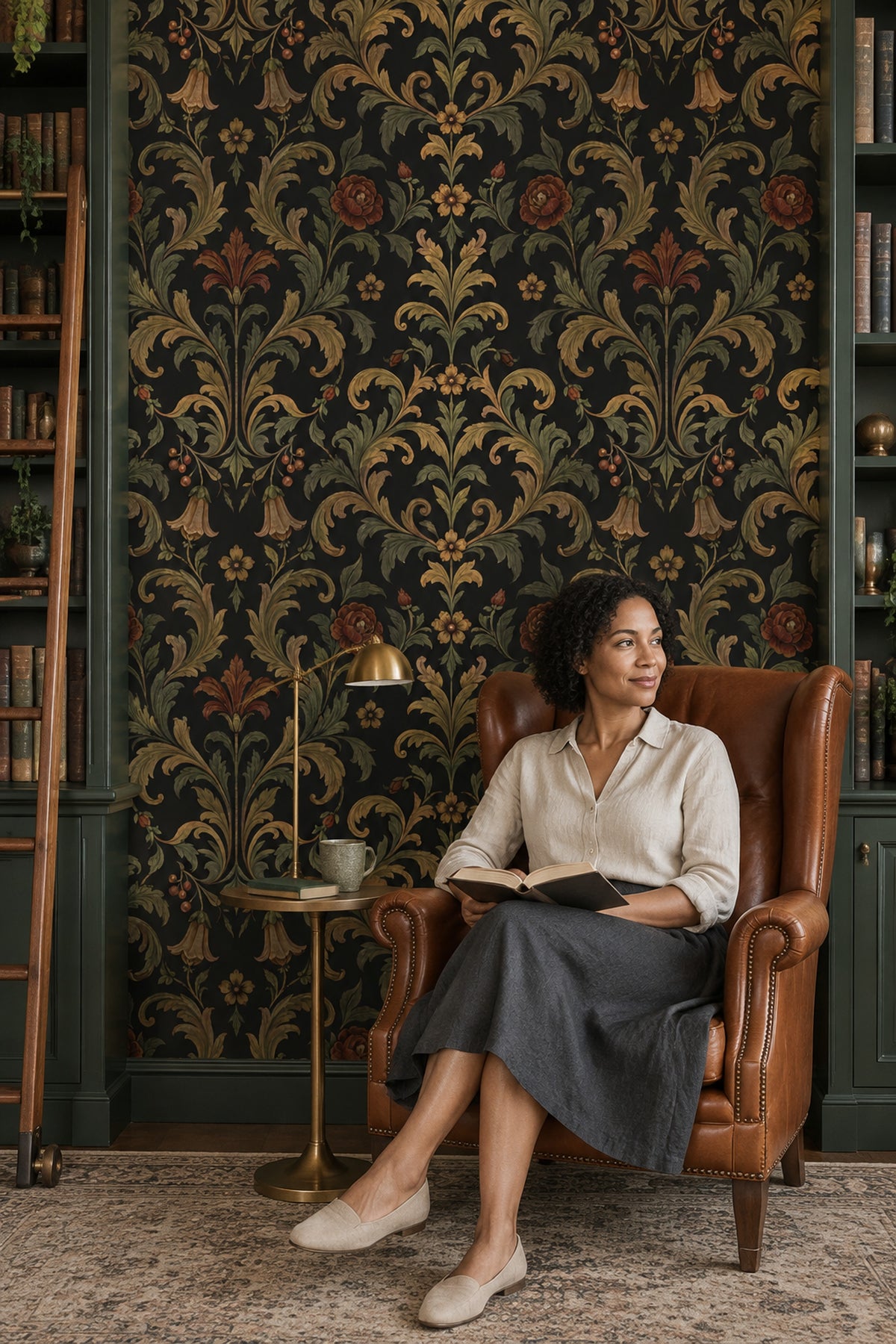 Acanthus Damask Wallpaper Dark Floral In Antique Gold And Olive