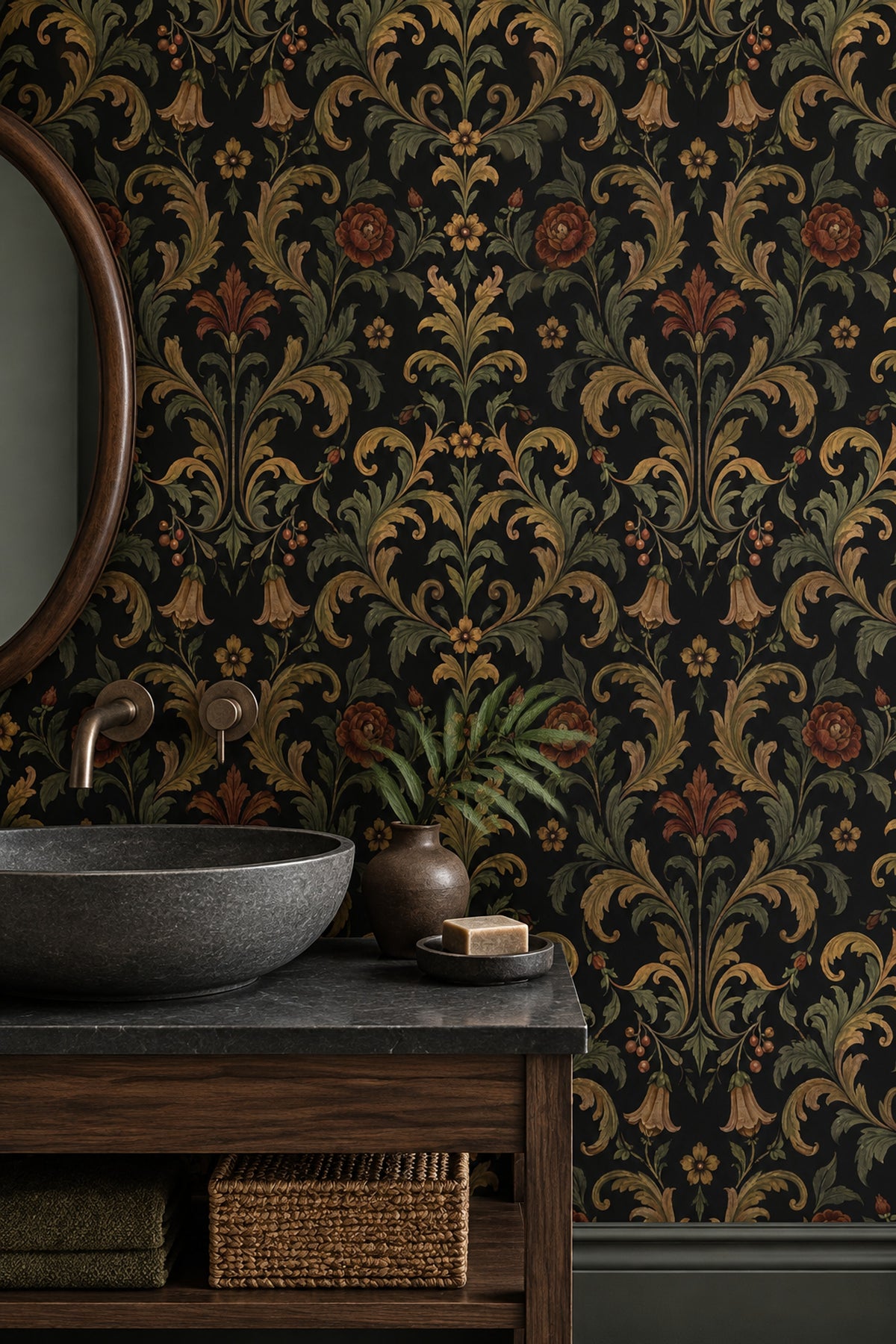Acanthus Damask Wallpaper Dark Floral In Antique Gold And Olive