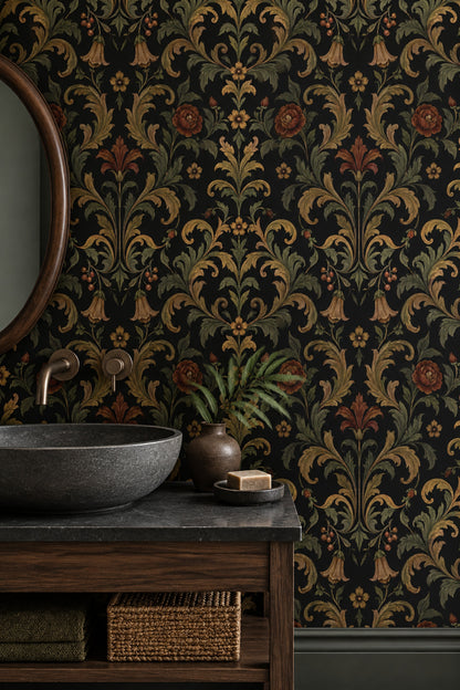 Acanthus Damask Wallpaper Dark Floral In Antique Gold And Olive