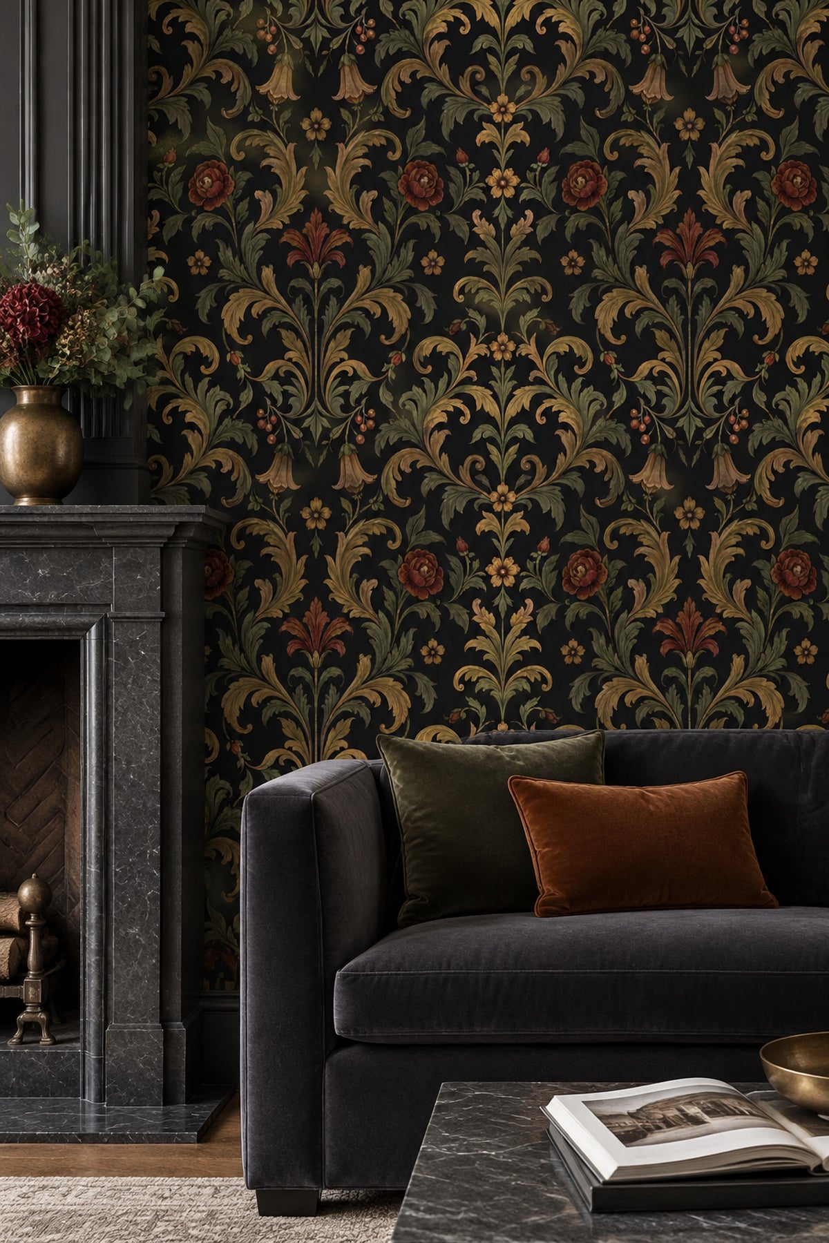 Acanthus Damask Wallpaper Dark Floral In Antique Gold And Olive