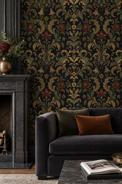 Acanthus Damask Wallpaper Dark Floral In Antique Gold And Olive