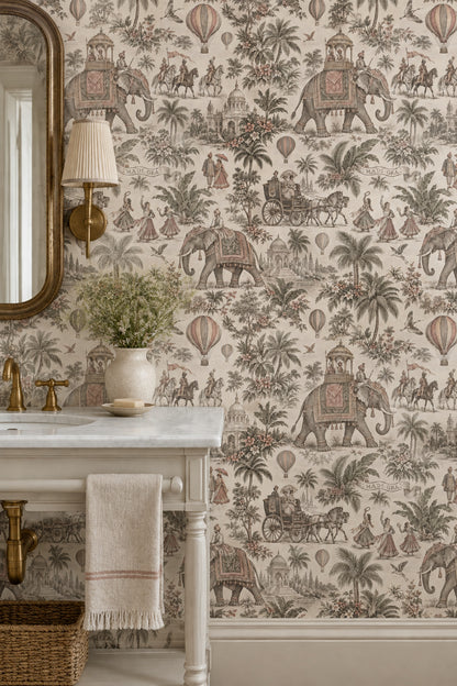 Elephant Palace Scene Wallpaper Vintage Inspired Indian Toile