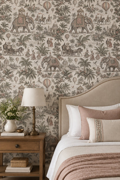 Elephant Palace Scene Wallpaper Vintage Inspired Indian Toile