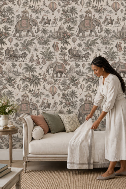 Elephant Palace Scene Wallpaper Vintage Inspired Indian Toile