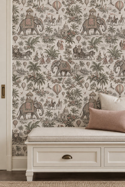 Elephant Palace Scene Wallpaper Vintage Inspired Indian Toile