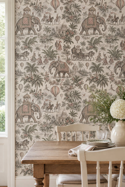Elephant Palace Scene Wallpaper Vintage Inspired Indian Toile
