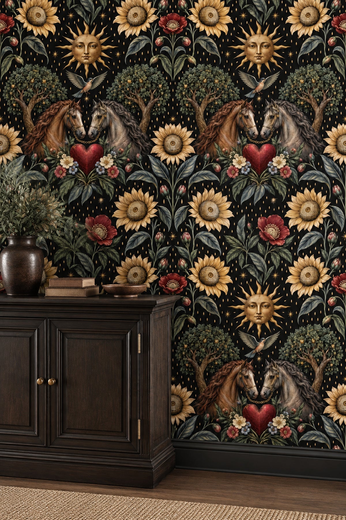 Twin Horses And Sunflower Wallpaper Dark Floral Black And Gold