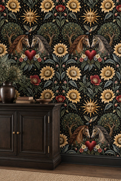 Twin Horses And Sunflower Wallpaper Dark Floral Black And Gold