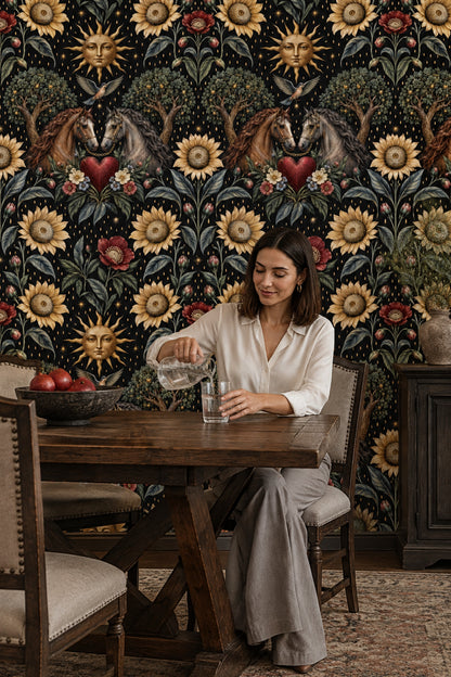 Twin Horses And Sunflower Wallpaper Dark Floral Black And Gold