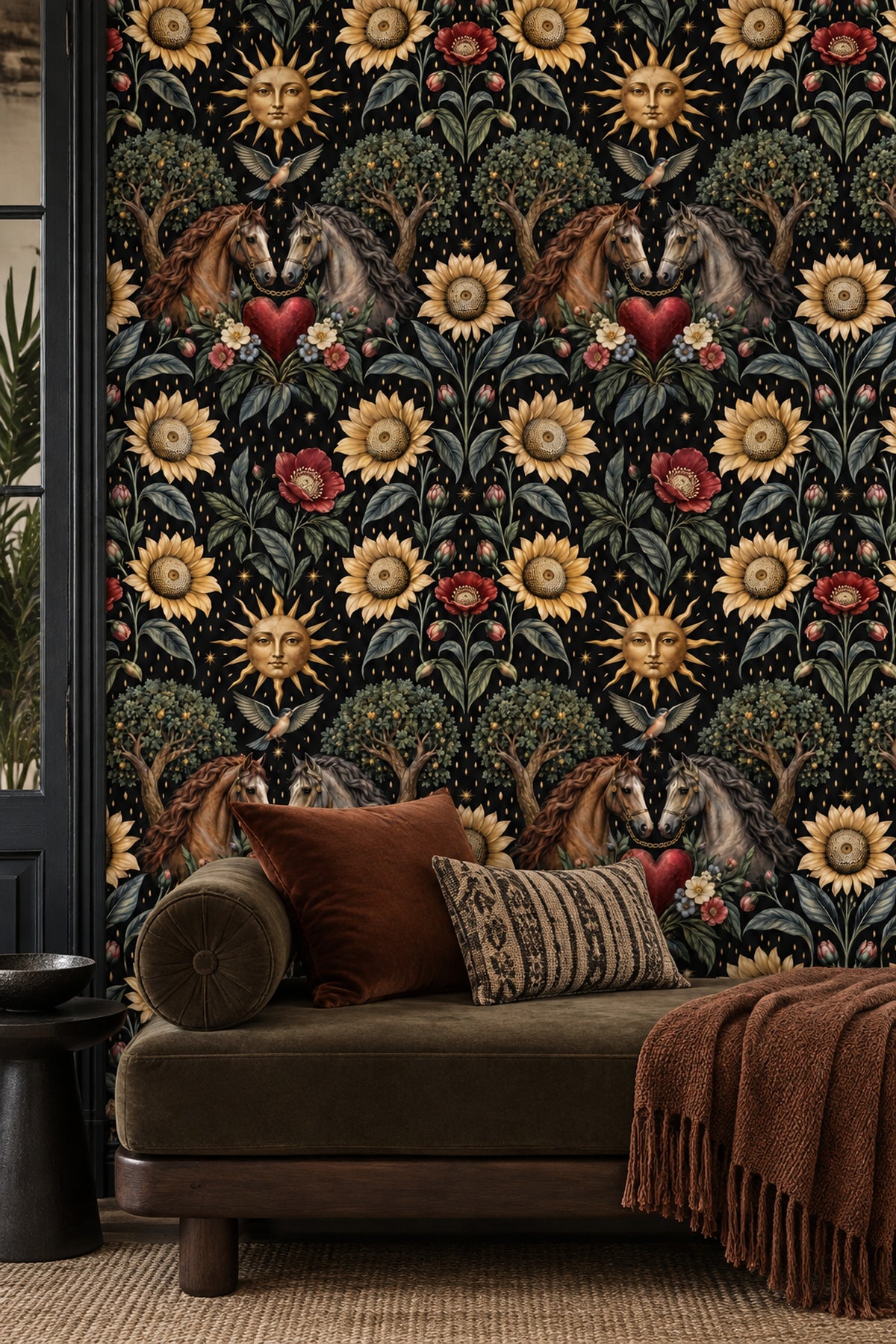 Twin Horses And Sunflower Wallpaper Dark Floral Black And Gold