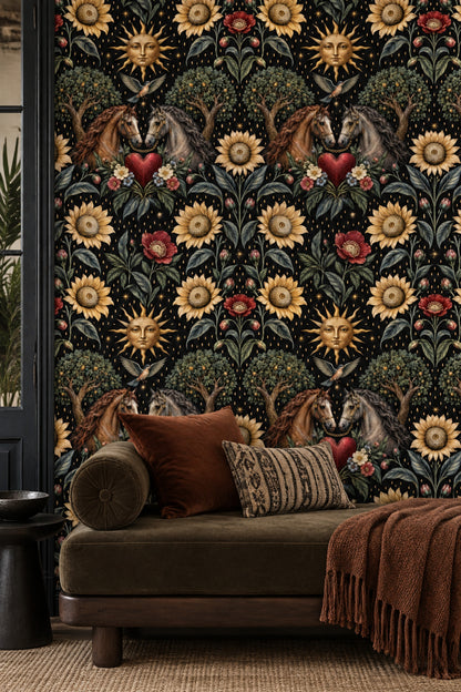 Twin Horses And Sunflower Wallpaper Dark Floral Black And Gold