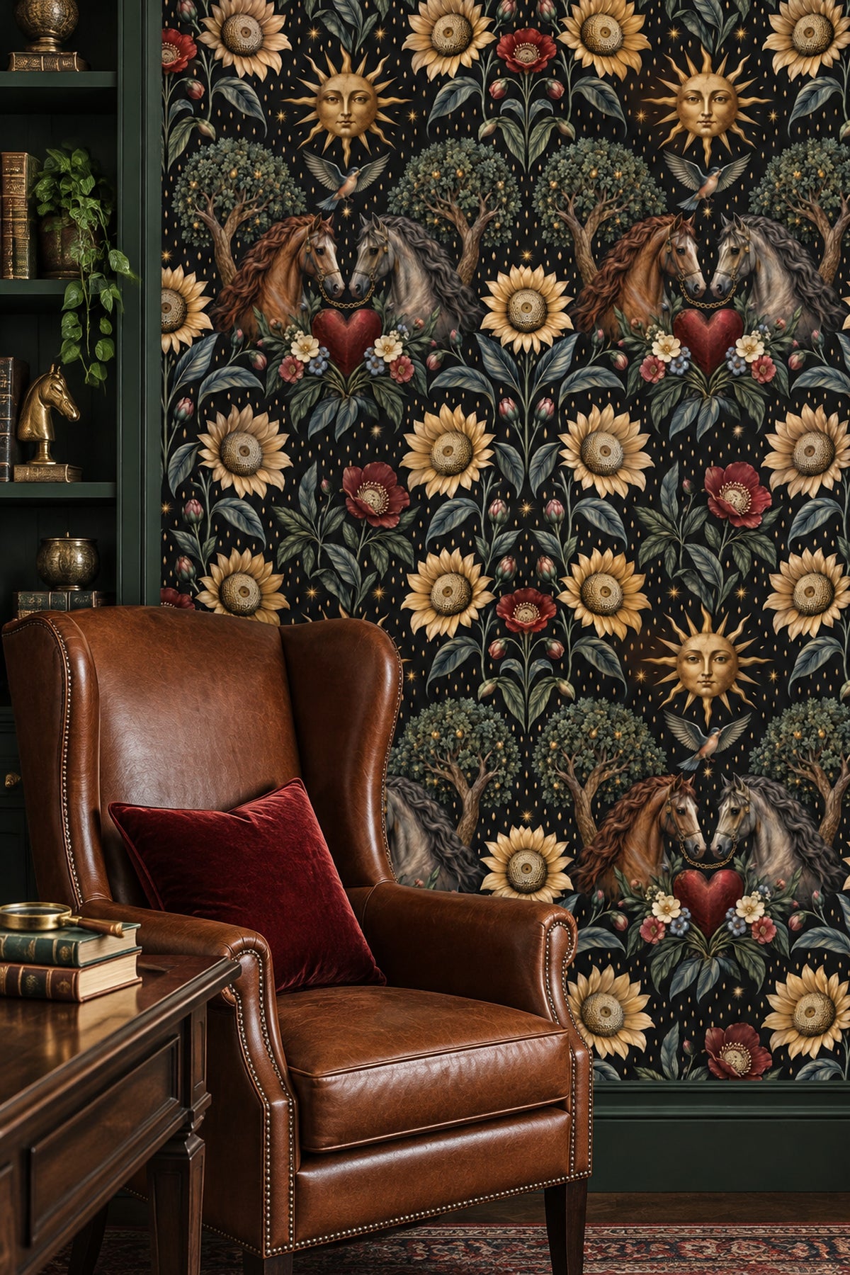 Twin Horses And Sunflower Wallpaper Dark Floral Black And Gold
