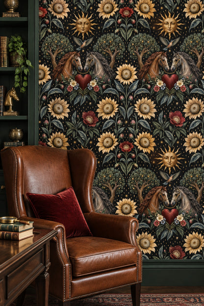 Twin Horses And Sunflower Wallpaper Dark Floral Black And Gold