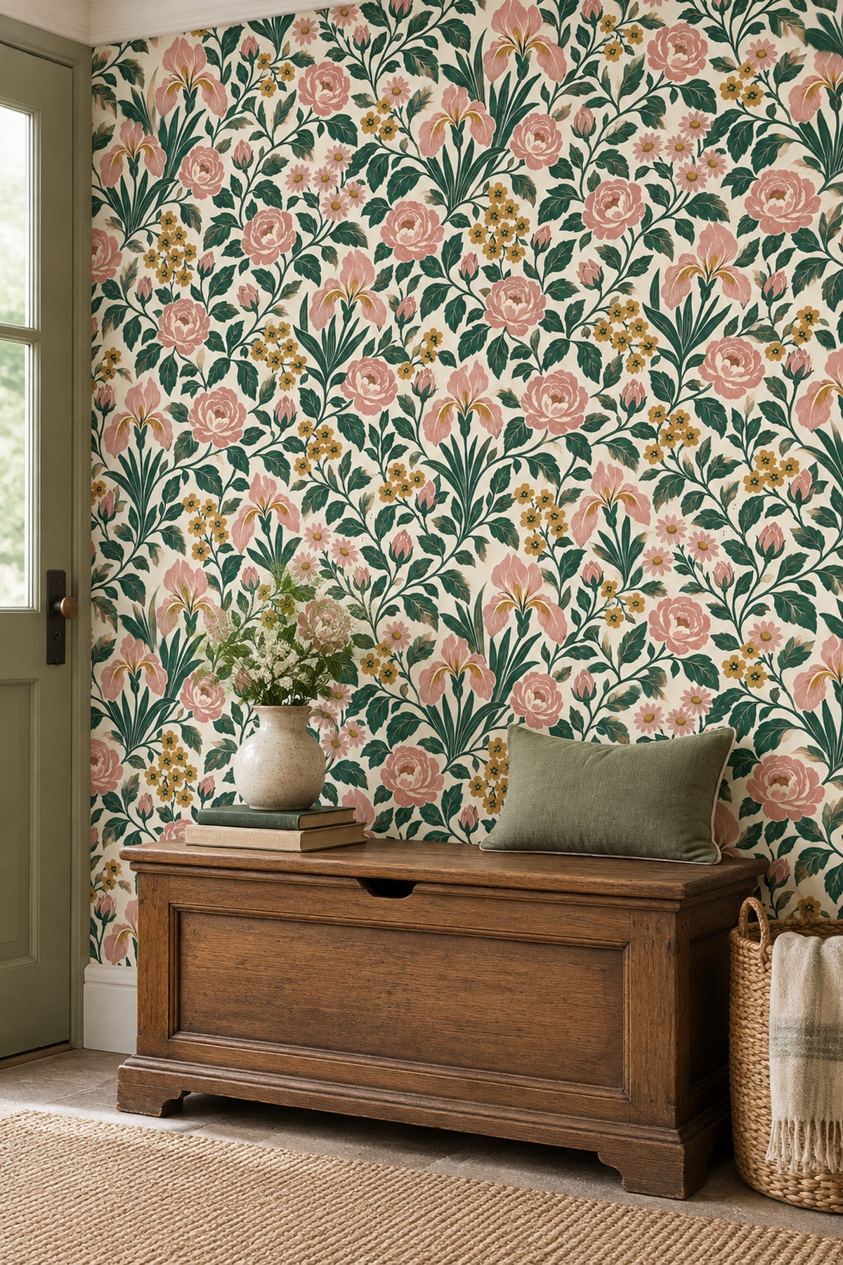 Pink Rose Botanical Wallpaper On Cream Background
