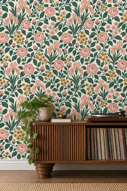 Pink Rose Botanical Wallpaper On Cream Background