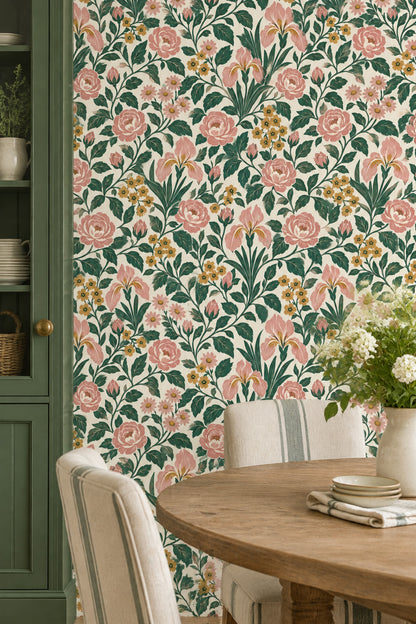 Pink Rose Botanical Wallpaper On Cream Background