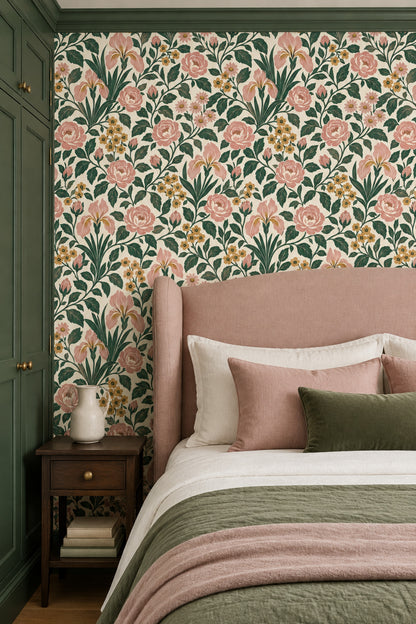 Pink Rose Botanical Wallpaper On Cream Background