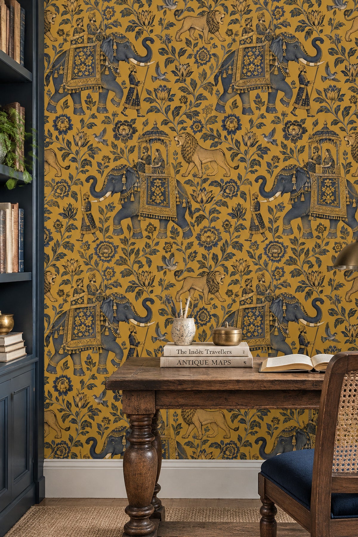 Royal Elephant Procession Wallpaper Gold Background Vintage Inspired Toile