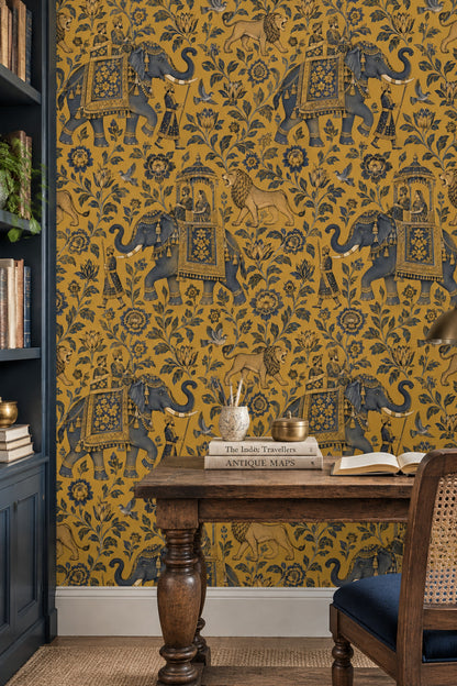 Royal Elephant Procession Wallpaper Gold Background Vintage Inspired Toile