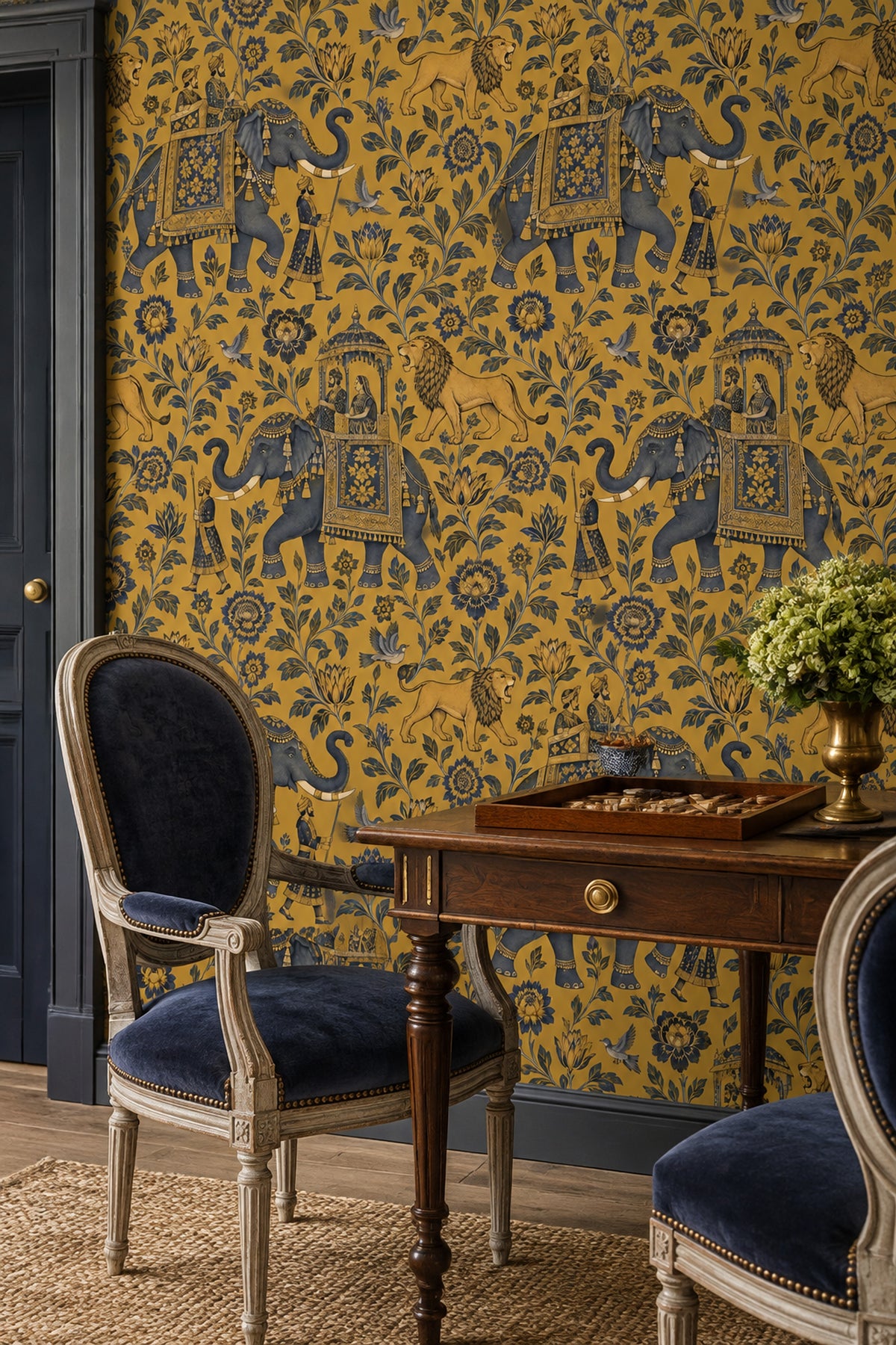Royal Elephant Procession Wallpaper Gold Background Vintage Inspired Toile