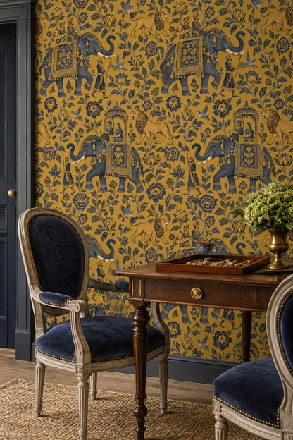 Royal Elephant Procession Wallpaper Gold Background Vintage Inspired Toile