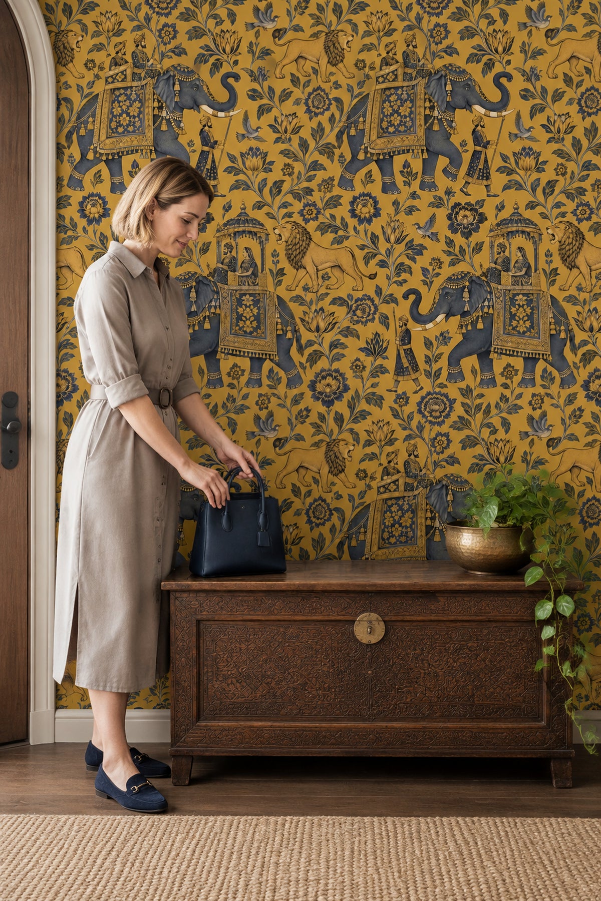 Royal Elephant Procession Wallpaper Gold Background Vintage Inspired Toile