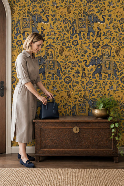Royal Elephant Procession Wallpaper Gold Background Vintage Inspired Toile